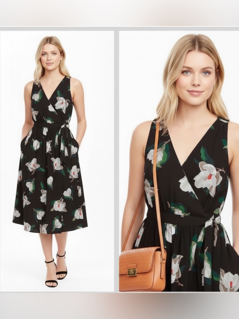 Banana Republic Wrap Dress Petite 10 Black Floral Midi Tie Waist